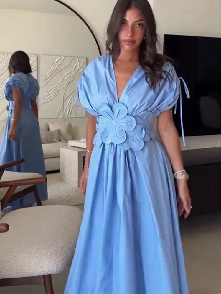Blue V-Neck Waist-Fitted Bow-Decored Long Dress For Women Fashionable And Elegant European And American Style - Youks store