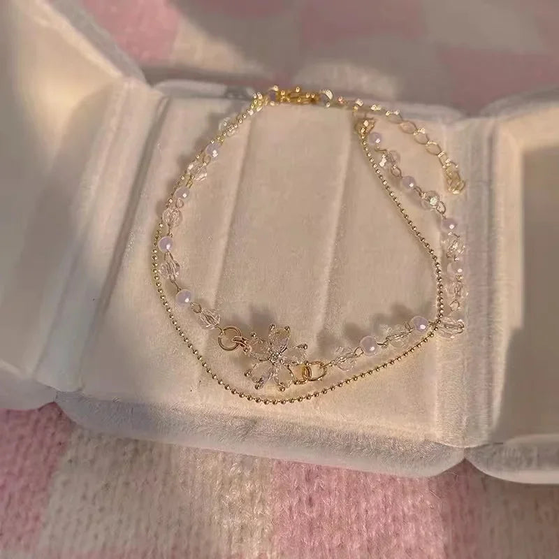 Geometric Smooth Rhinestone Chain Five Leaf Grass Flower Adjustable Bracelets for Women Fashion Jewelry Minimalist Accessories