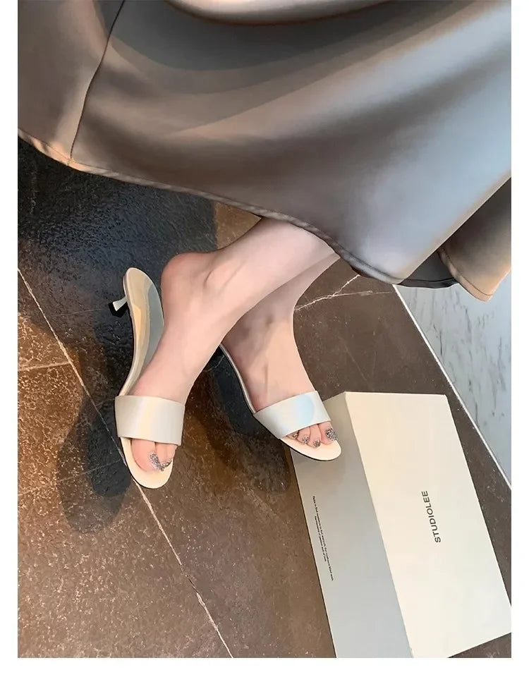 Elegant Minimalist Style Grape Mom Same Shoes High Heel Sandals One-piece Silk Strap Real Leather Slippers For Women Summer - Youks store