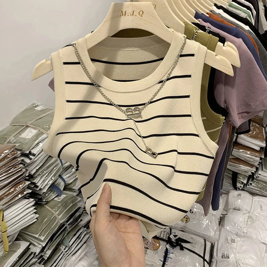 New 2025 Basic Bottoming Striped Chain Elasticity Vests Women Tank & Camis Spring Autumn  Wild Crop Short Top - Youks store
