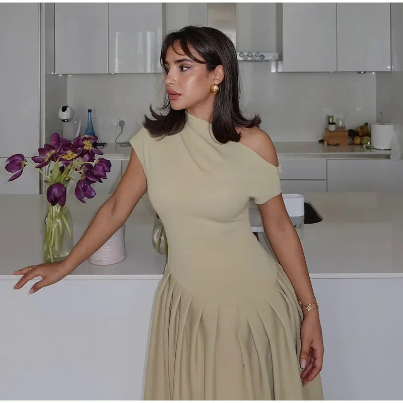 Elegant Off-shoulder Pleated Long Dress Women Skew-collar Short Sleeve Split Dresses 2024 Summer New Female Chic Streetwear Robe - Youks store