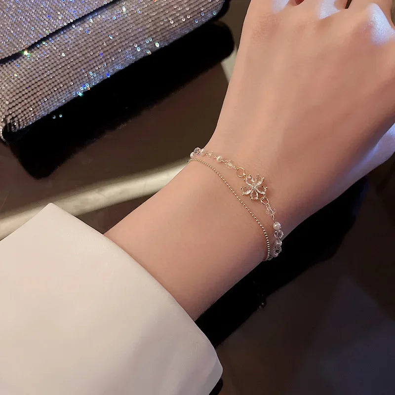 Geometric Smooth Rhinestone Chain Five Leaf Grass Flower Adjustable Bracelets for Women Fashion Jewelry Minimalist Accessories