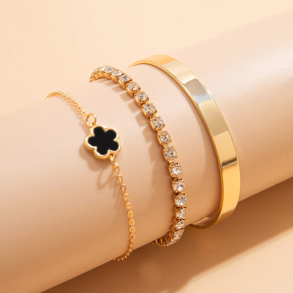 Geometric Smooth Rhinestone Chain Five Leaf Grass Flower Adjustable Bracelets for Women Fashion Jewelry Minimalist Accessories