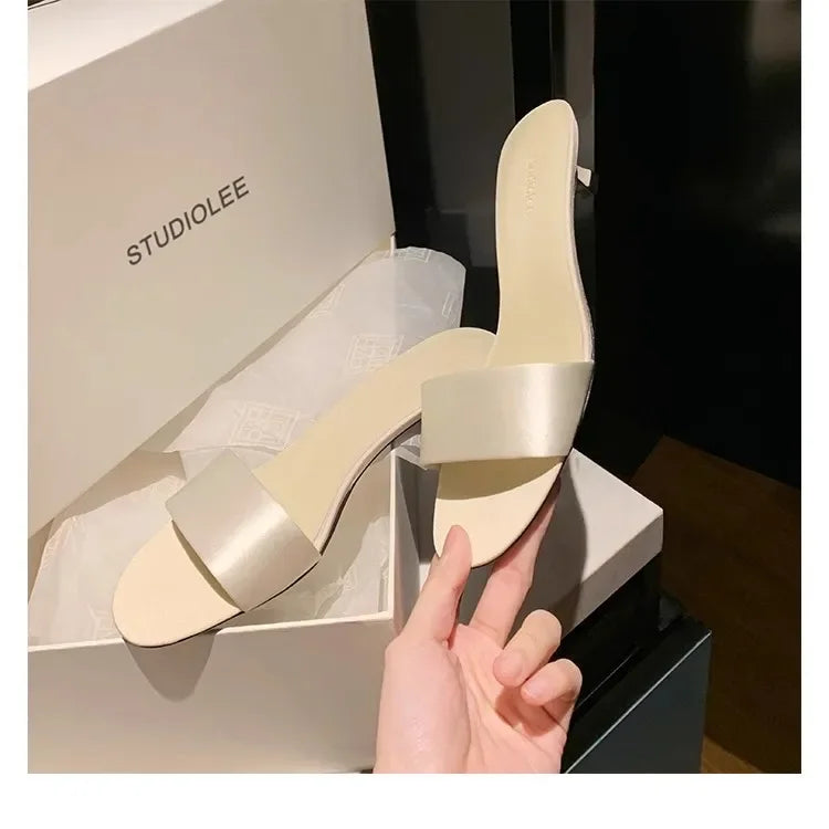 Elegant Minimalist Style Grape Mom Same Shoes High Heel Sandals One-piece Silk Strap Real Leather Slippers For Women Summer - Youks store