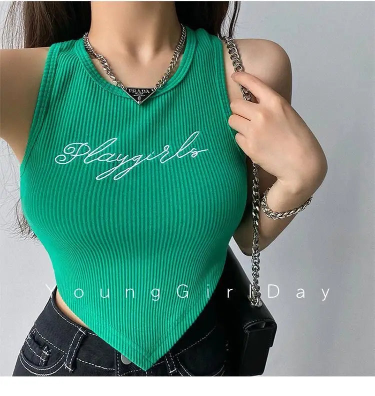 HELIAR Women Green Tops Y2K Letters Printed Crop Top O-neck Solid Ribbed Knit Irregular Hem Casual Tank Tops Women Summer 2024 - Youks store
