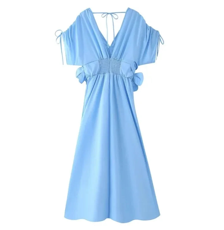 Blue V-Neck Waist-Fitted Bow-Decored Long Dress For Women Fashionable And Elegant European And American Style - Youks store