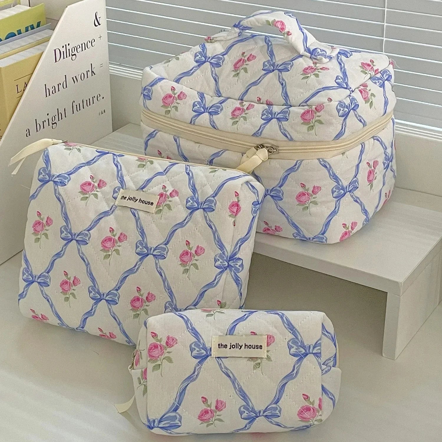 Cute Bow Flower Quilting Cotton Makeup Bag Women Zipper Cosmetic Organizer Female Cloth Handbag Portable Toiletry Case for Girls - Youks store