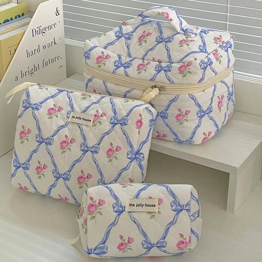 Cute Bow Flower Quilting Cotton Makeup Bag Women Zipper Cosmetic Organizer Female Cloth Handbag Portable Toiletry Case for Girls - Youks store