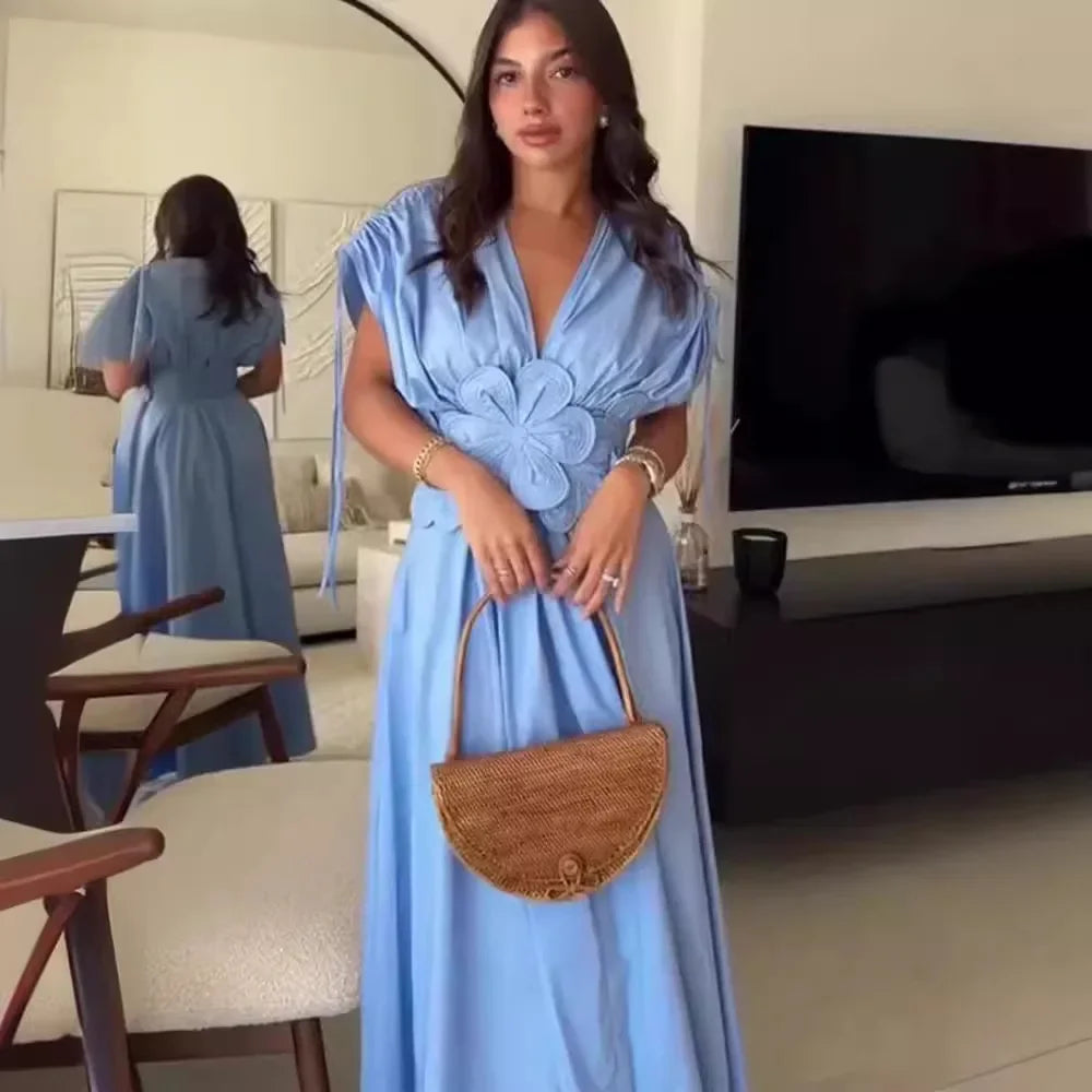 Blue V-Neck Waist-Fitted Bow-Decored Long Dress For Women Fashionable And Elegant European And American Style - Youks store