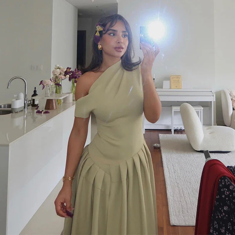 Elegant Off-shoulder Pleated Long Dress Women Skew-collar Short Sleeve Split Dresses 2024 Summer New Female Chic Streetwear Robe - Youks store