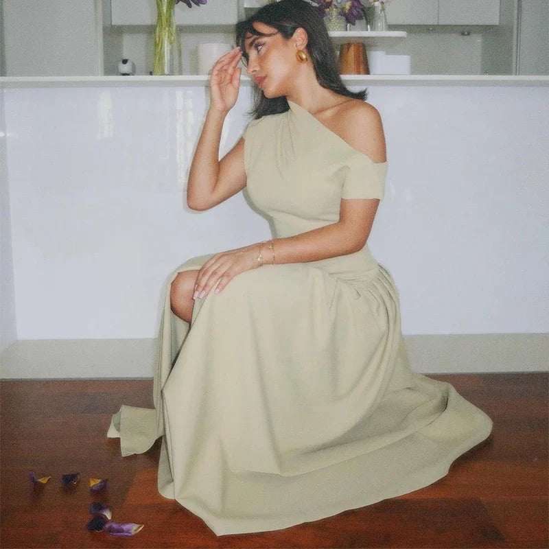 Elegant Off-shoulder Pleated Long Dress Women Skew-collar Short Sleeve Split Dresses 2024 Summer New Female Chic Streetwear Robe - Youks store