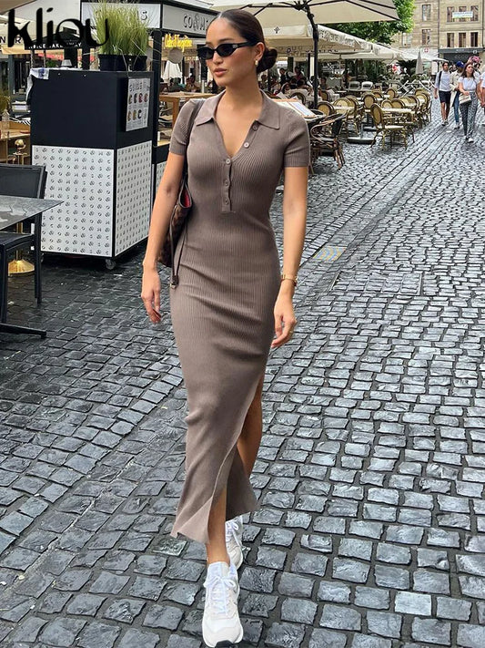 Kliou Elegant Office Lady Maxi Dress Women Solid Fashion Turn-down Collar Short Sleeve Button Side Slit Body-Shaping Street Robe - Youks store