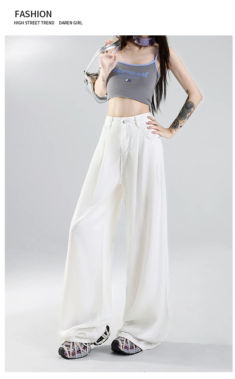 Summer Soft Cozy 100%Lyocell Fabric Woman Jeans Y2K Girl Loose Wide Leg Elastic Waist Pants Fashion Casual Trousers Plus Length - Youks store