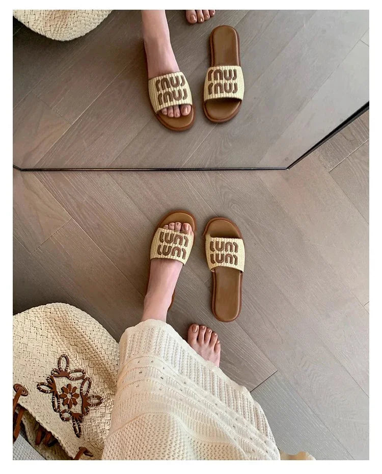 Fashionable Woven Women's Slippers with Flat Soles for Summer slippers women  sandals  flip flops women  ladies shoes  designer - Youks store