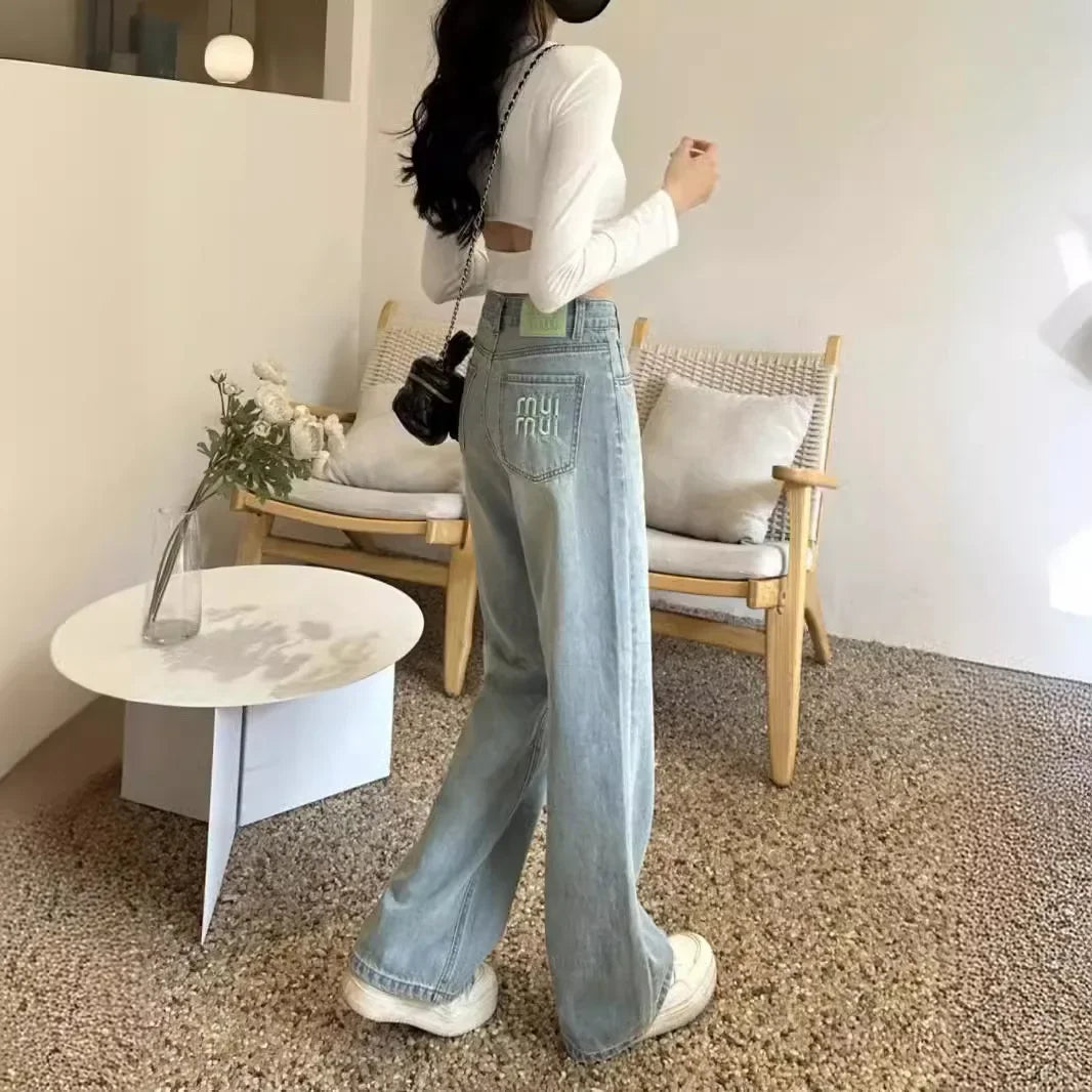 2024 Spring Summer New Straight-leg Embroidery Jeans Women's Fashionable Unique Versatile Loose-fit Slimming Bell Bottoms - Youks store