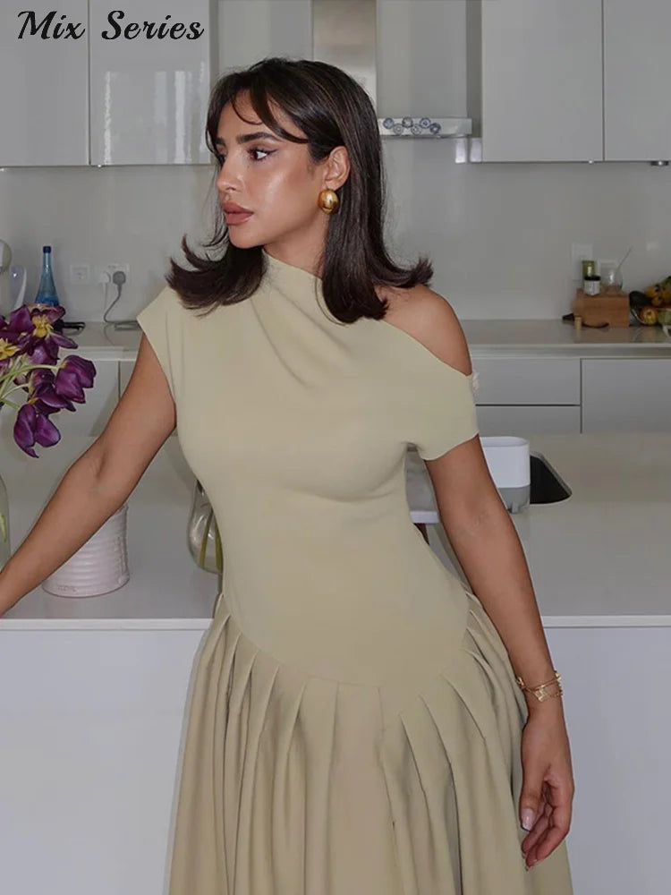 Elegant Off-shoulder Pleated Long Dress Women Skew-collar Short Sleeve Split Dresses 2024 Summer New Female Chic Streetwear Robe - Youks store