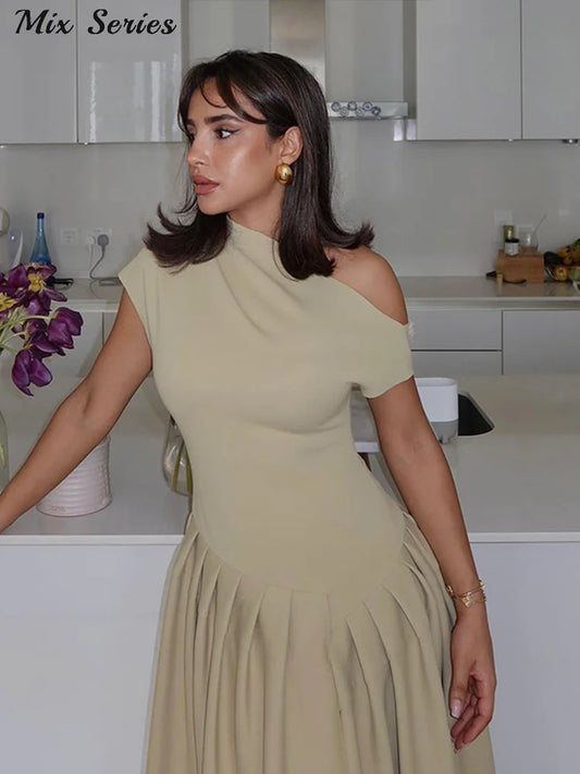 Elegant Off-shoulder Pleated Long Dress Women Skew-collar Short Sleeve Split Dresses 2024 Summer New Female Chic Streetwear Robe - Youks store