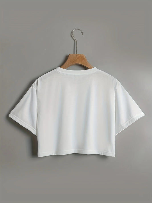 Cool Cat & Letter Print Crop T-Shirt Casual Crew Neck Short Sleeve T-Shirt for Spring & Summer Women's Clothing - Youks store