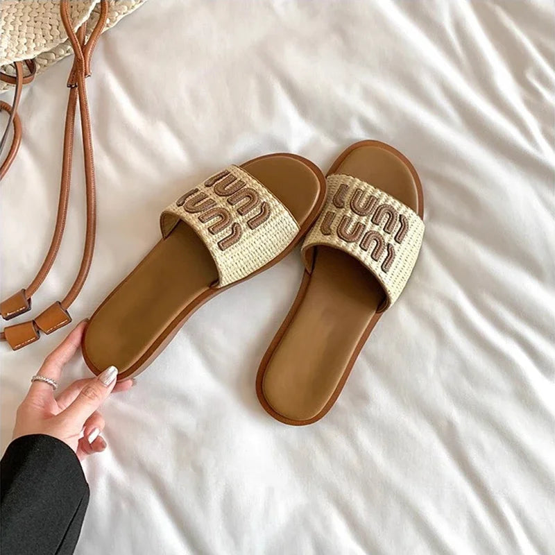 Fashionable Woven Women's Slippers with Flat Soles for Summer slippers women  sandals  flip flops women  ladies shoes  designer - Youks store