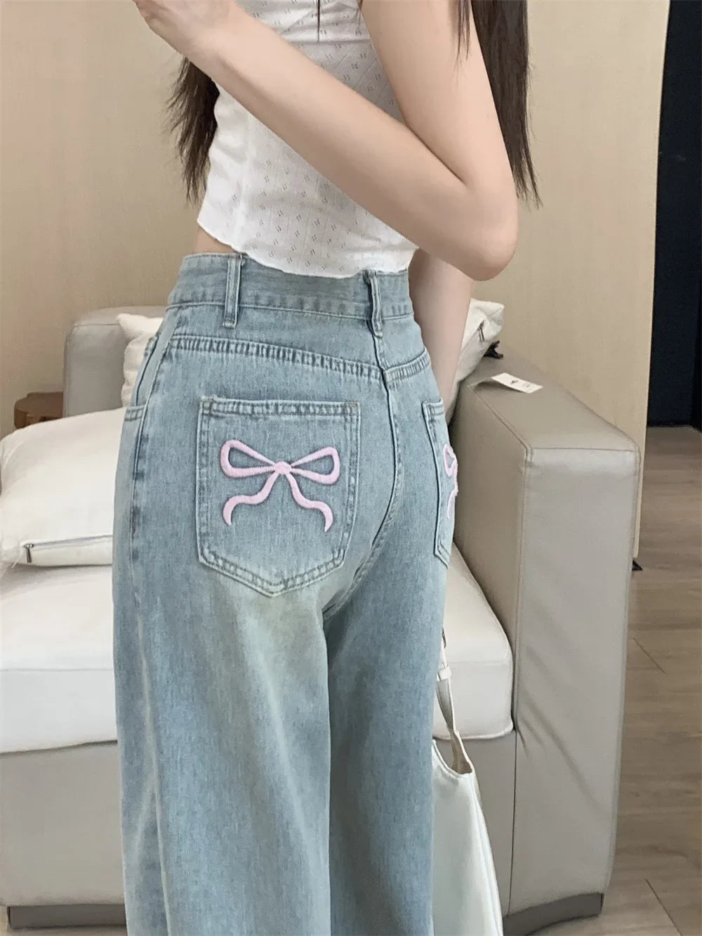 High-Waisted Slimming Straight-Leg Denim Jeans For Women New Spring Summer 2024 Design Sensibilitybow Embroidery - Youks store