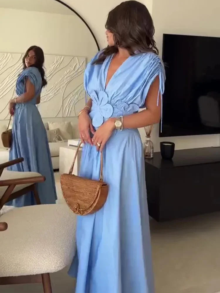 Blue V-Neck Waist-Fitted Bow-Decored Long Dress For Women Fashionable And Elegant European And American Style - Youks store