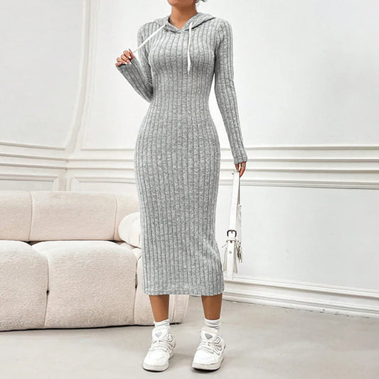 Women Elegant Bodycon Knit Dress Autumn Winter Hooded Turtleneck Temperament Slim Long Sleeve Solid Ribbed Long Dress Streetwear - Youks store