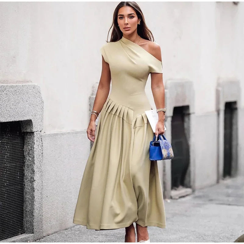 Elegant Off-shoulder Pleated Long Dress Women Skew-collar Short Sleeve Split Dresses 2024 Summer New Female Chic Streetwear Robe - Youks store