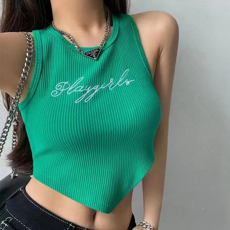 HELIAR Women Green Tops Y2K Letters Printed Crop Top O-neck Solid Ribbed Knit Irregular Hem Casual Tank Tops Women Summer 2024 - Youks store