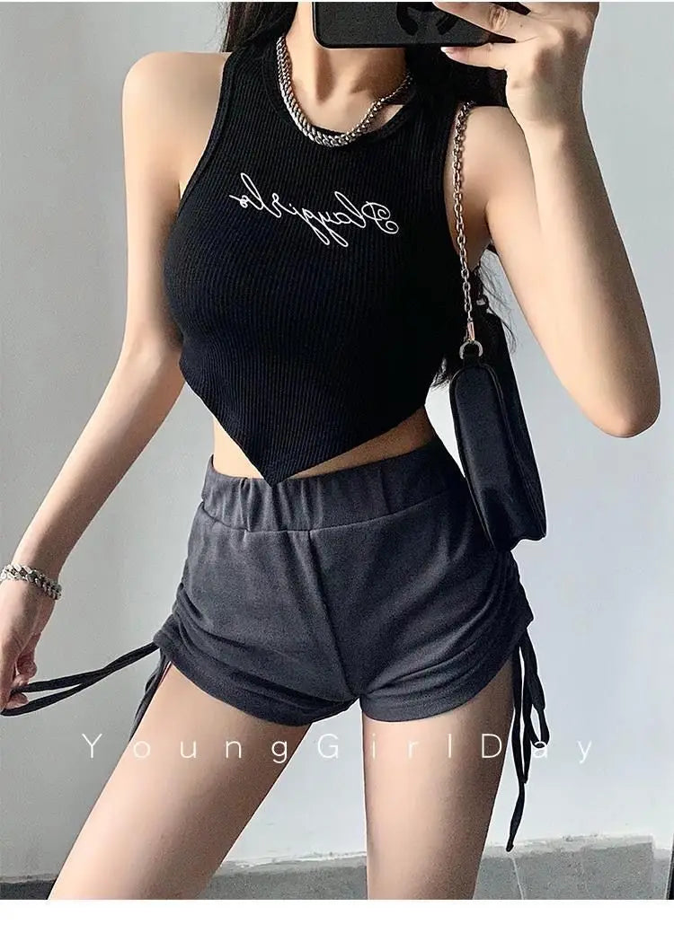 HELIAR Women Green Tops Y2K Letters Printed Crop Top O-neck Solid Ribbed Knit Irregular Hem Casual Tank Tops Women Summer 2024 - Youks store