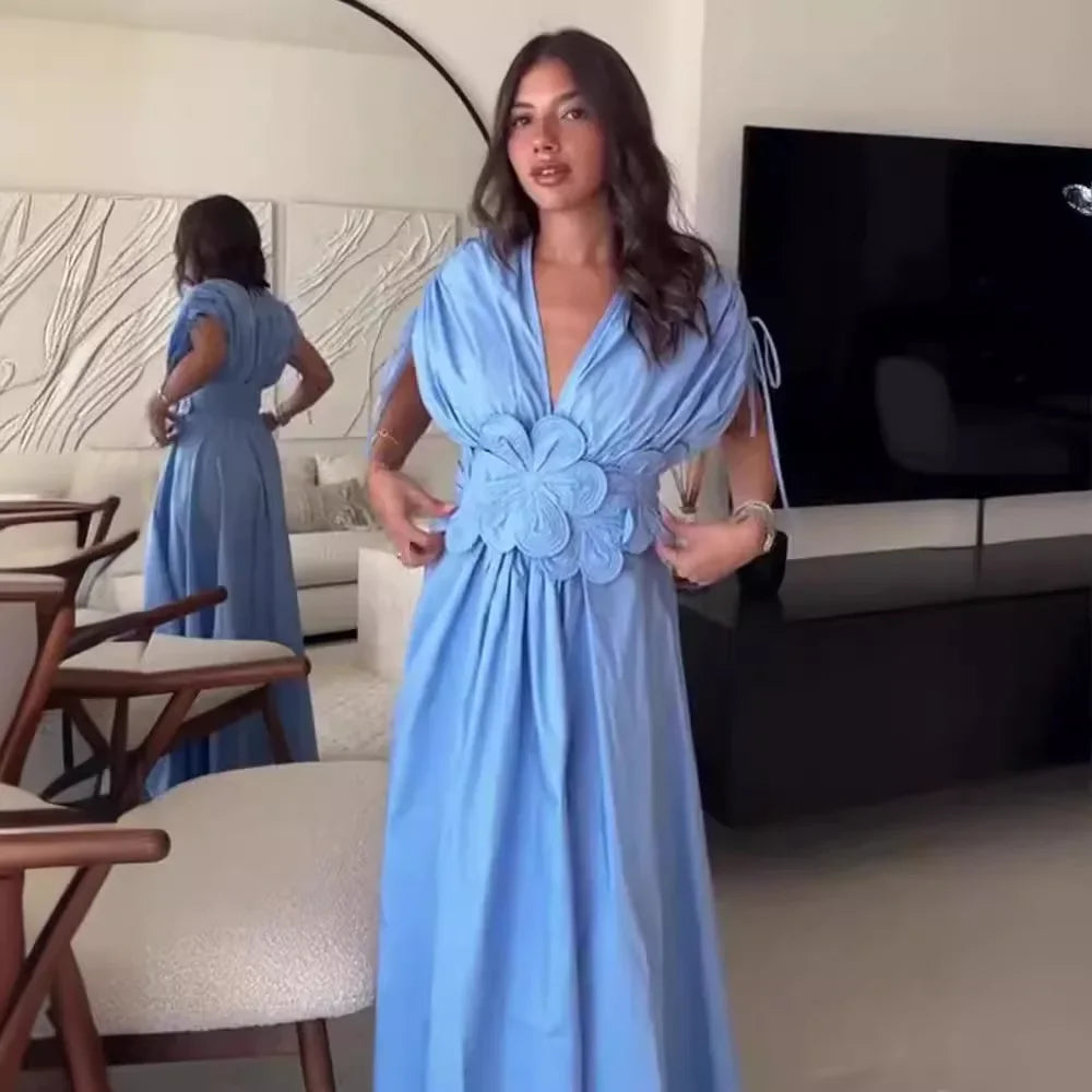 Blue V-Neck Waist-Fitted Bow-Decored Long Dress For Women Fashionable And Elegant European And American Style - Youks store