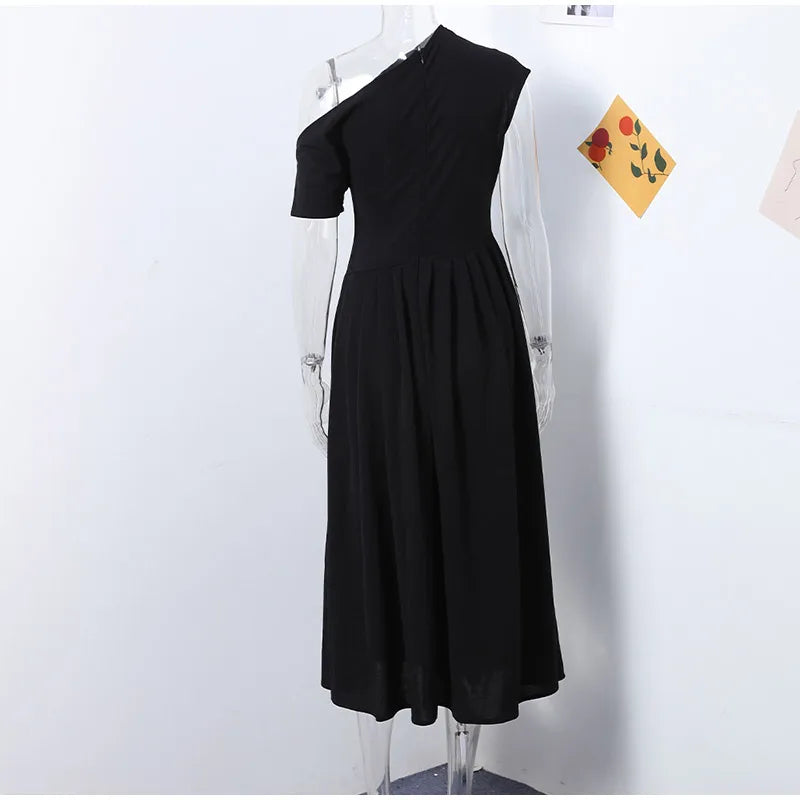 Elegant Off-shoulder Pleated Long Dress Women Skew-collar Short Sleeve Split Dresses 2024 Summer New Female Chic Streetwear Robe - Youks store