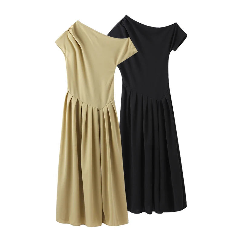 Elegant Off-shoulder Pleated Long Dress Women Skew-collar Short Sleeve Split Dresses 2024 Summer New Female Chic Streetwear Robe - Youks store