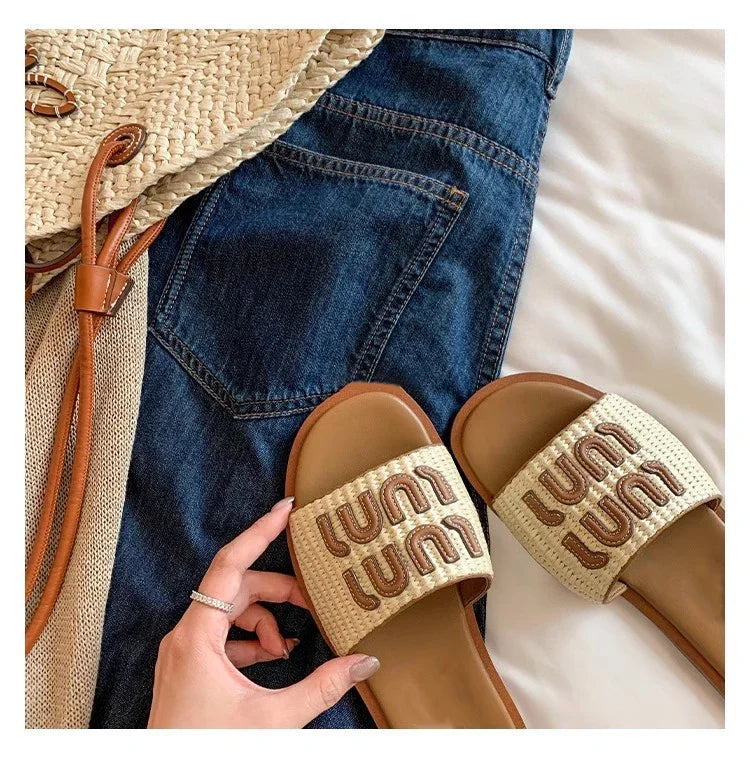 Fashionable Woven Women's Slippers with Flat Soles for Summer slippers women  sandals  flip flops women  ladies shoes  designer - Youks store