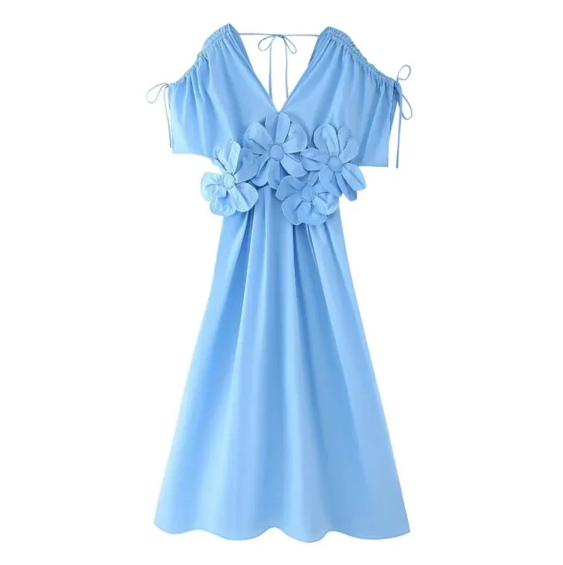 Blue V-Neck Waist-Fitted Bow-Decored Long Dress For Women Fashionable And Elegant European And American Style - Youks store
