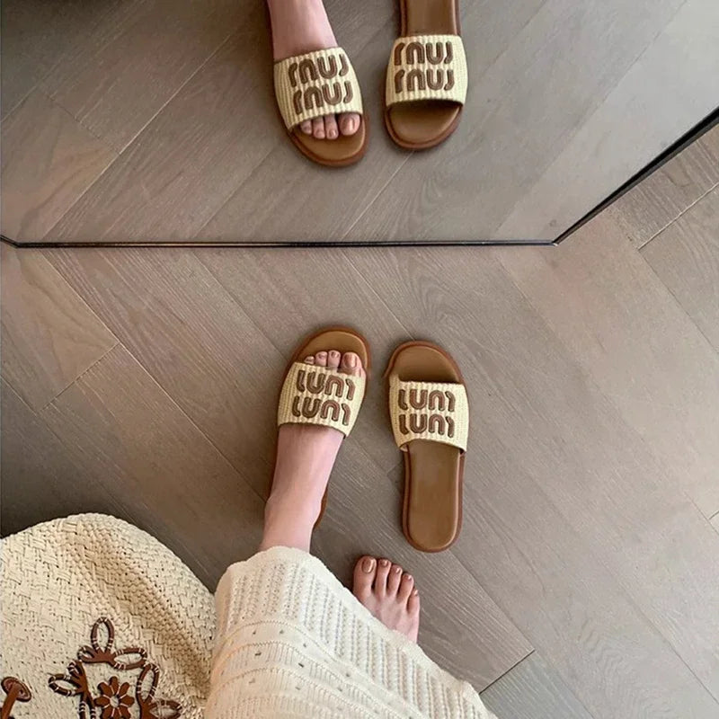 Fashionable Woven Women's Slippers with Flat Soles for Summer slippers women  sandals  flip flops women  ladies shoes  designer - Youks store