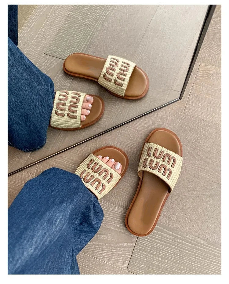 Fashionable Woven Women's Slippers with Flat Soles for Summer slippers women  sandals  flip flops women  ladies shoes  designer - Youks store