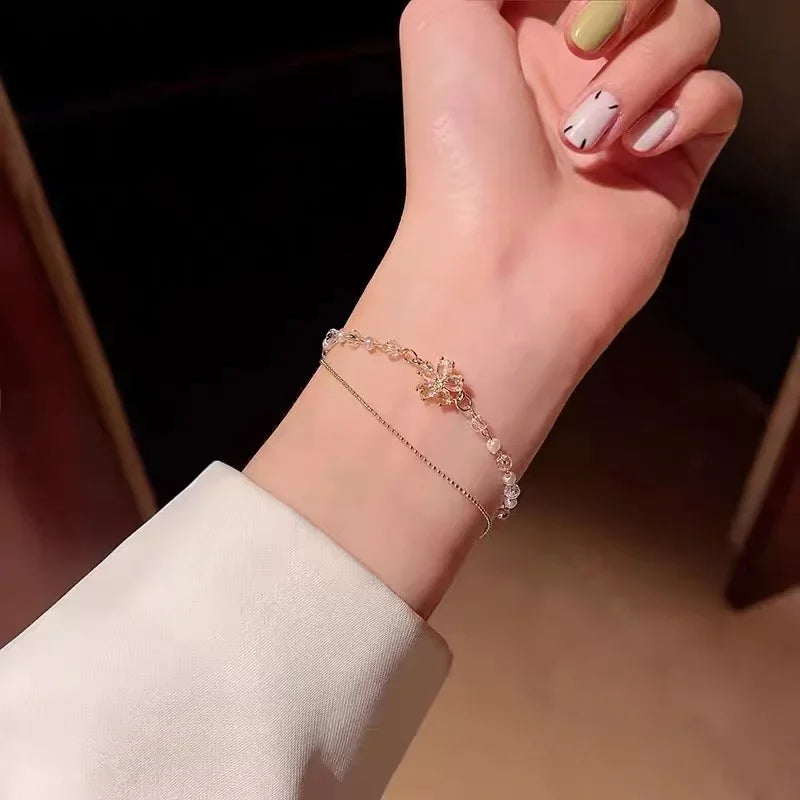 Geometric Smooth Rhinestone Chain Five Leaf Grass Flower Adjustable Bracelets for Women Fashion Jewelry Minimalist Accessories