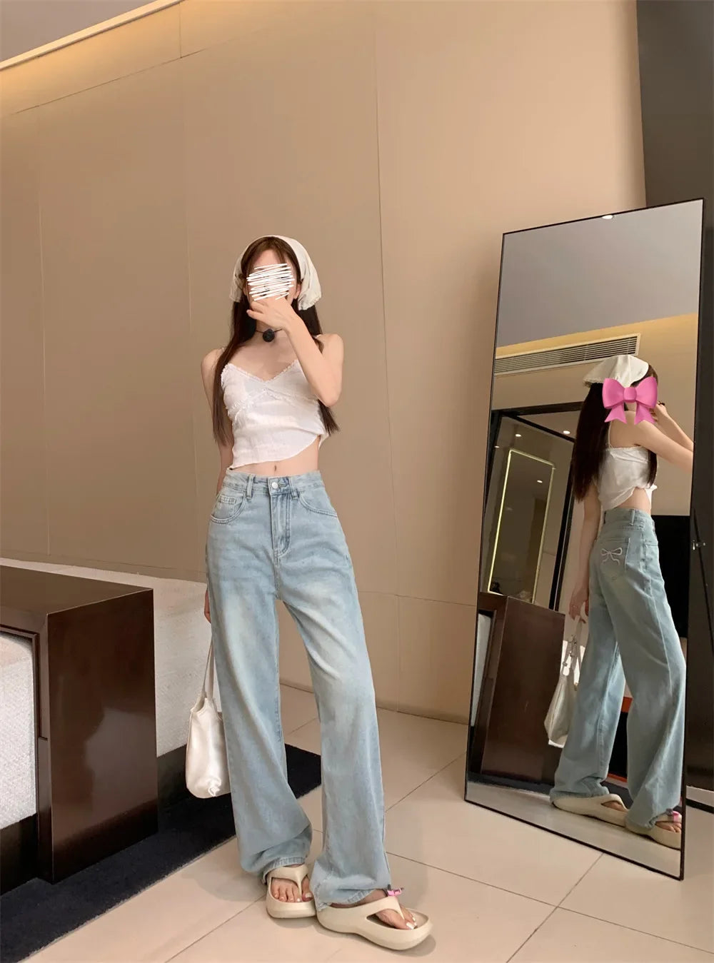 High-Waisted Slimming Straight-Leg Denim Jeans For Women New Spring Summer 2024 Design Sensibilitybow Embroidery - Youks store