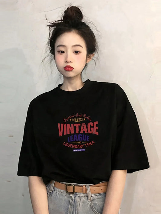 Vintage League Letter Print Womens T-Shirts Summer Fashion  Tops Comfortable O-Neck Short Sleeve Soft Oversize Clothes - Youks store