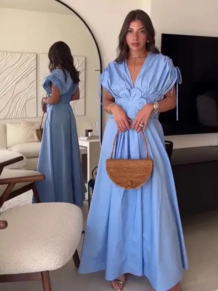 Blue V-Neck Waist-Fitted Bow-Decored Long Dress For Women Fashionable And Elegant European And American Style - Youks store