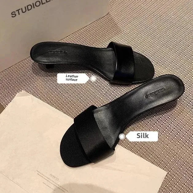 Elegant Minimalist Style Grape Mom Same Shoes High Heel Sandals One-piece Silk Strap Real Leather Slippers For Women Summer - Youks store