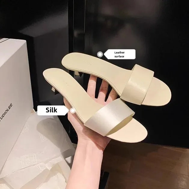 Elegant Minimalist Style Grape Mom Same Shoes High Heel Sandals One-piece Silk Strap Real Leather Slippers For Women Summer - Youks store