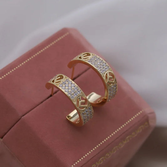 2024 Korean new design fashion jewelry 14K gold plated C-type zircon letter F earrings elegant women's daily work accessories - Youks store
