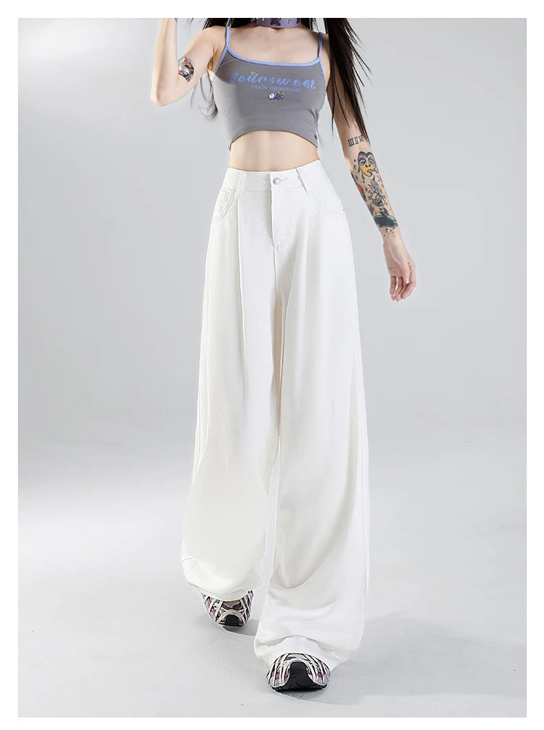 Summer Soft Cozy 100%Lyocell Fabric Woman Jeans Y2K Girl Loose Wide Leg Elastic Waist Pants Fashion Casual Trousers Plus Length - Youks store
