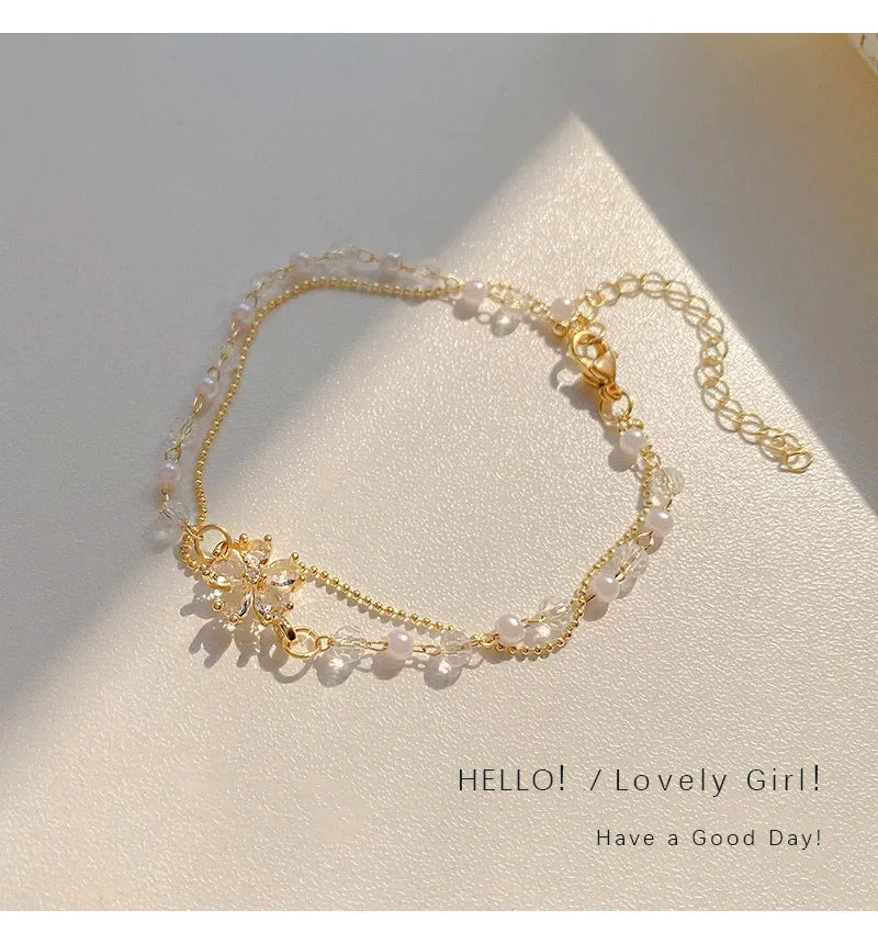 Geometric Smooth Rhinestone Chain Five Leaf Grass Flower Adjustable Bracelets for Women Fashion Jewelry Minimalist Accessories