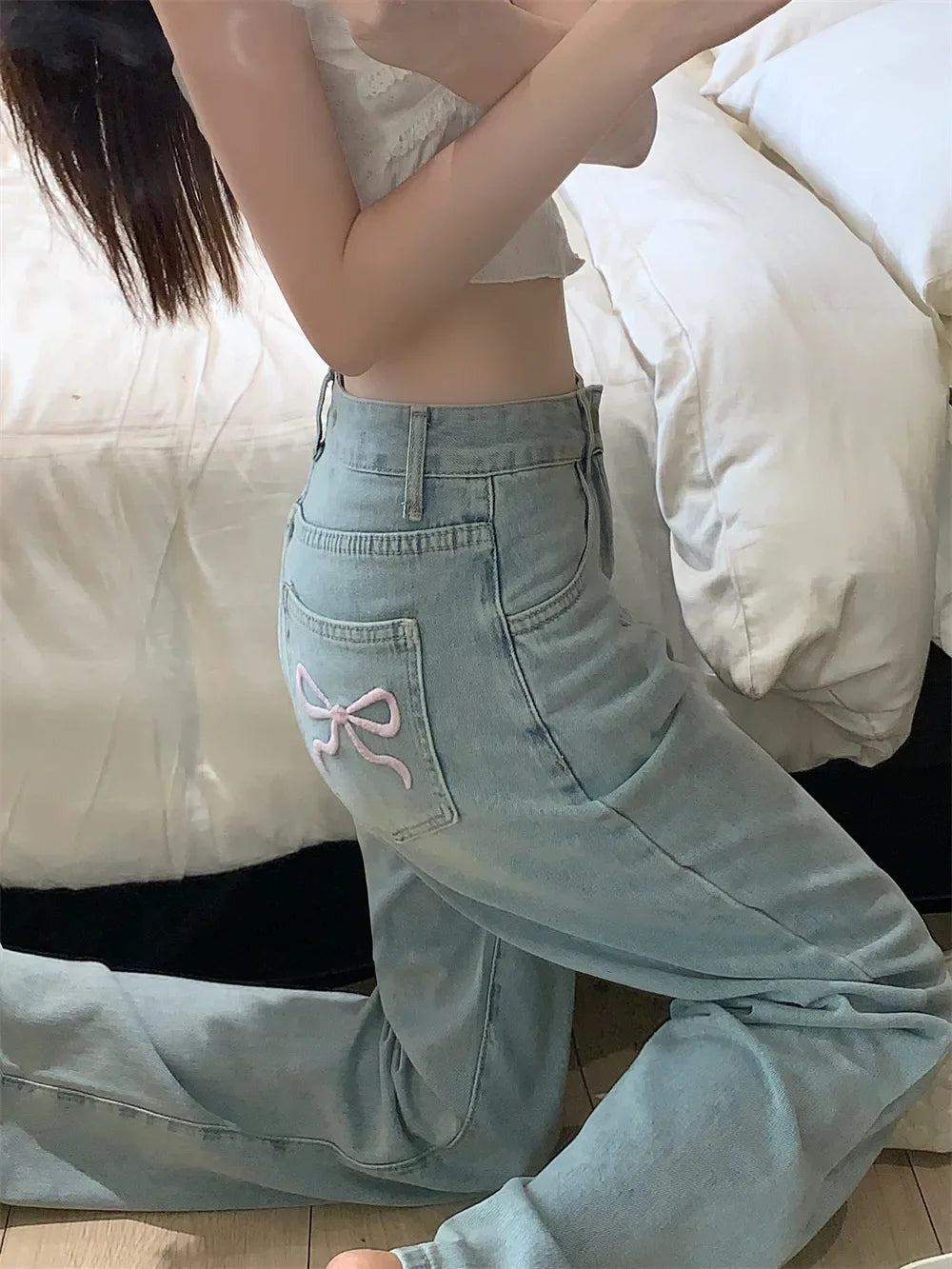 High-Waisted Slimming Straight-Leg Denim Jeans For Women New Spring Summer 2024 Design Sensibilitybow Embroidery - Youks store