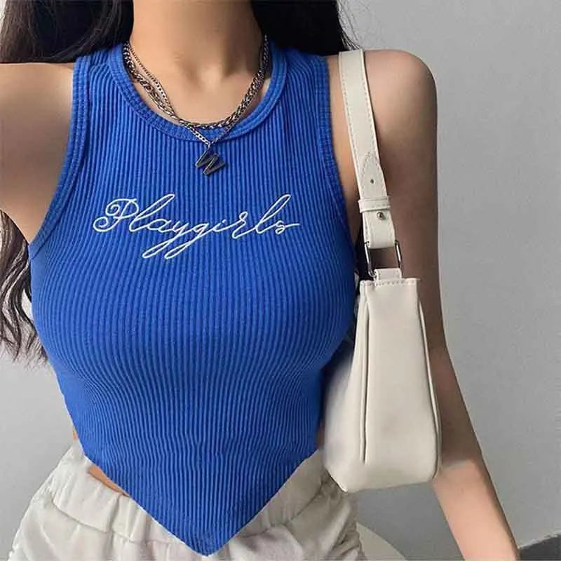 HELIAR Women Green Tops Y2K Letters Printed Crop Top O-neck Solid Ribbed Knit Irregular Hem Casual Tank Tops Women Summer 2024 - Youks store