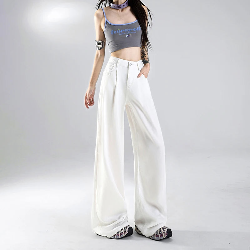 Summer Soft Cozy 100%Lyocell Fabric Woman Jeans Y2K Girl Loose Wide Leg Elastic Waist Pants Fashion Casual Trousers Plus Length - Youks store