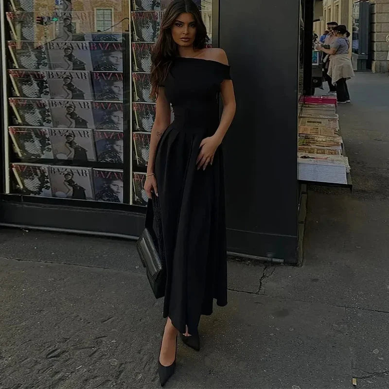 Elegant Off-shoulder Pleated Long Dress Women Skew-collar Short Sleeve Split Dresses 2024 Summer New Female Chic Streetwear Robe - Youks store