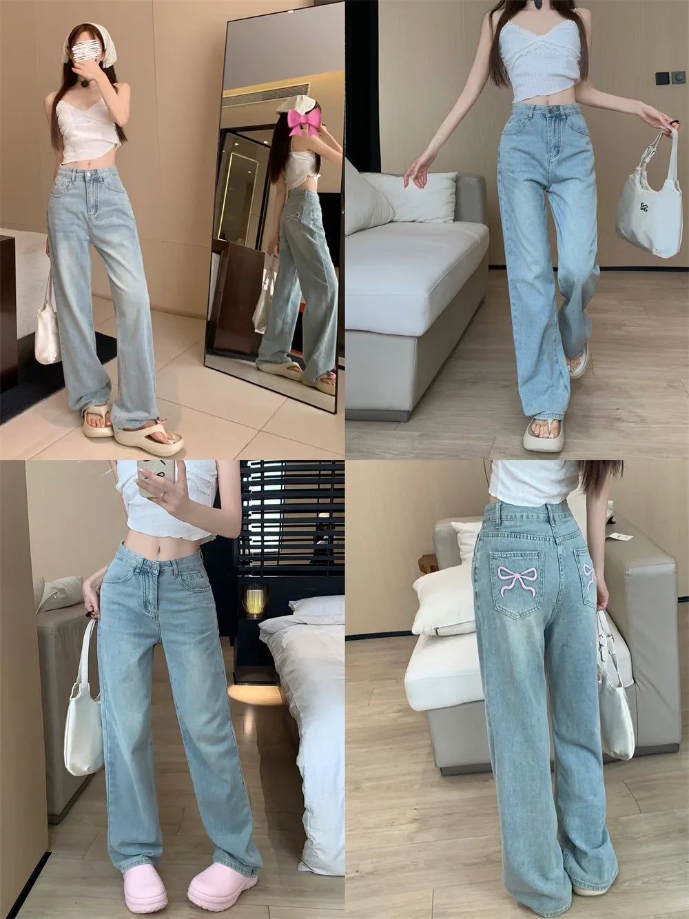 High-Waisted Slimming Straight-Leg Denim Jeans For Women New Spring Summer 2024 Design Sensibilitybow Embroidery - Youks store